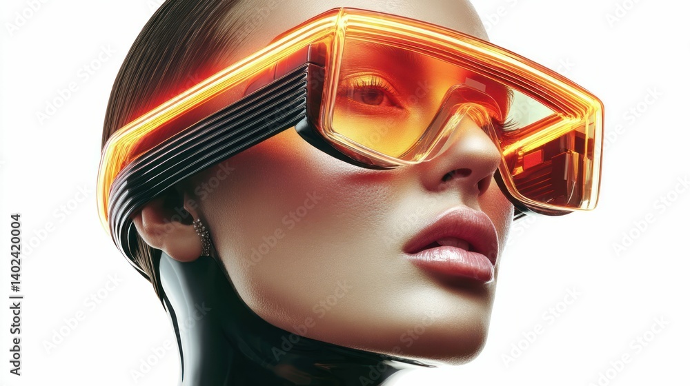 A futuristic woman wearing glowing orange glasses, creating a vivid and modern visual look. A futuristic woman wearing glowing orange glasses, creating a vivid and modern visual look.