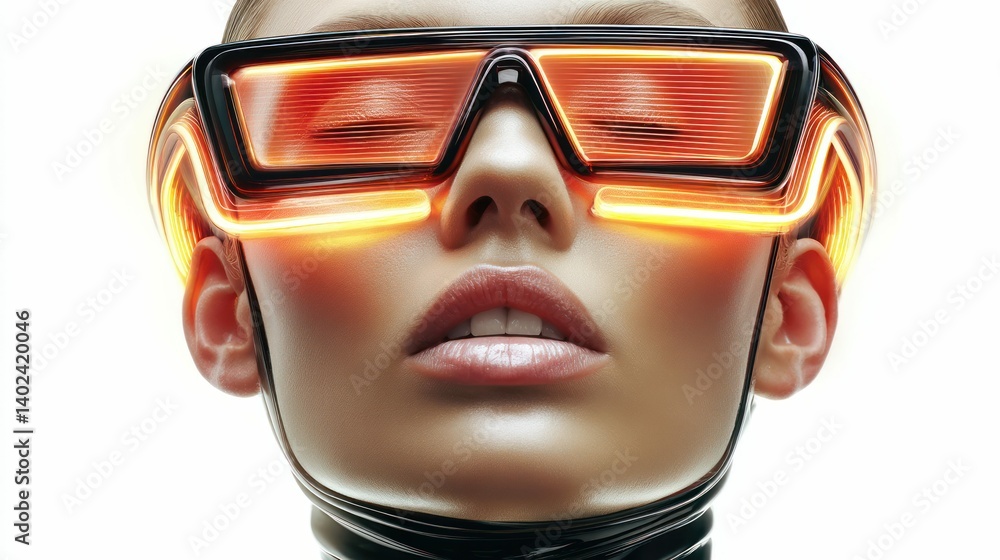 A captivating portrait of a woman with futuristic glowing glasses and a modern aesthetic. A captivating portrait of a woman with futuristic glowing glasses and a modern aesthetic.