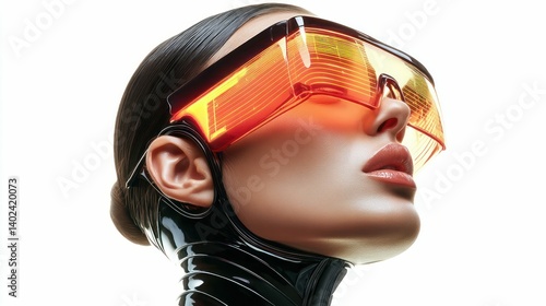 A woman with glowing futuristic glasses poses in a sleek, modern, and stylish photograph.