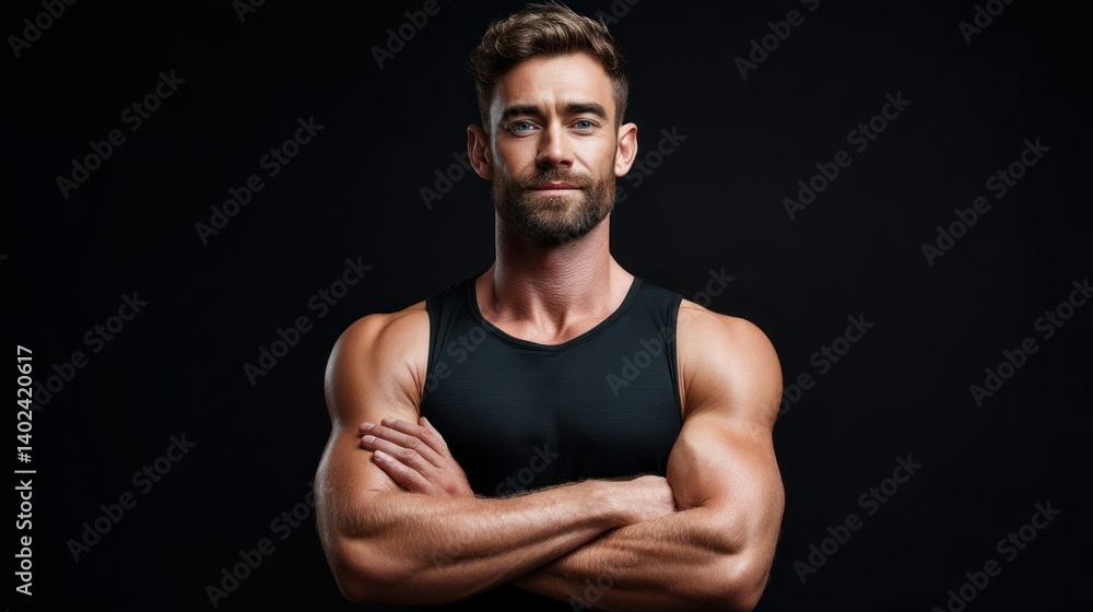 Fototapeta premium A fit and muscular man with a beard poses with arms crossed against a black backdrop.