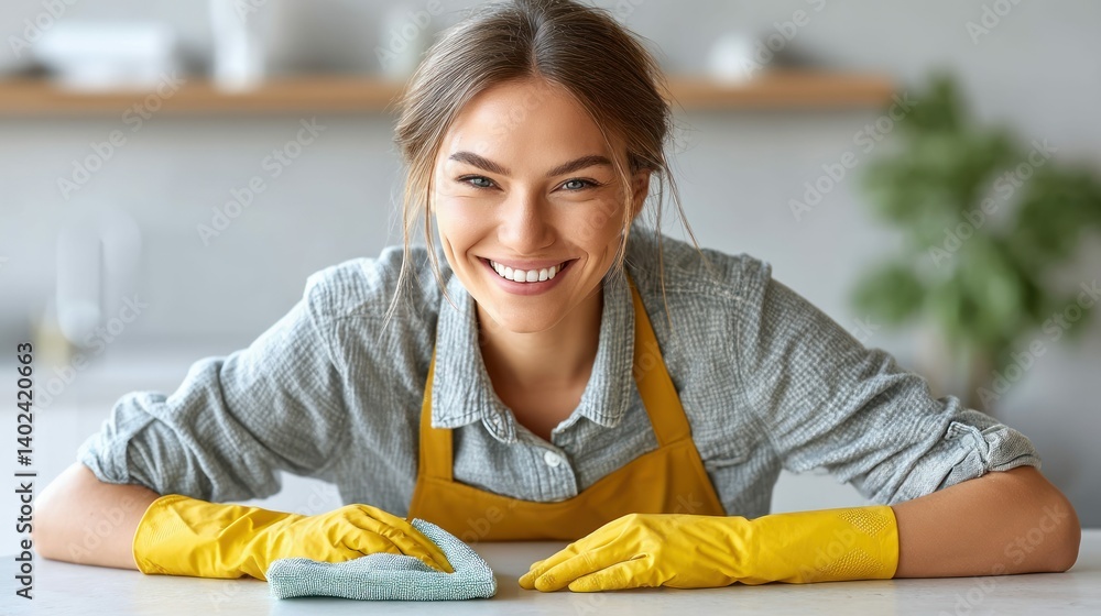A smiling woman wears yellow gloves while cleaning, ready for a fresh and bright home. A smiling woman wears yellow gloves while cleaning, ready for a fresh and bright home.