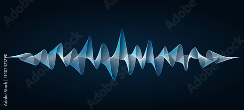 Sound wave graphic symbol, abstract music equalizer. Flowing Glowing soundwave illustration, AI voice visualization digital frequency.  Science tech background.