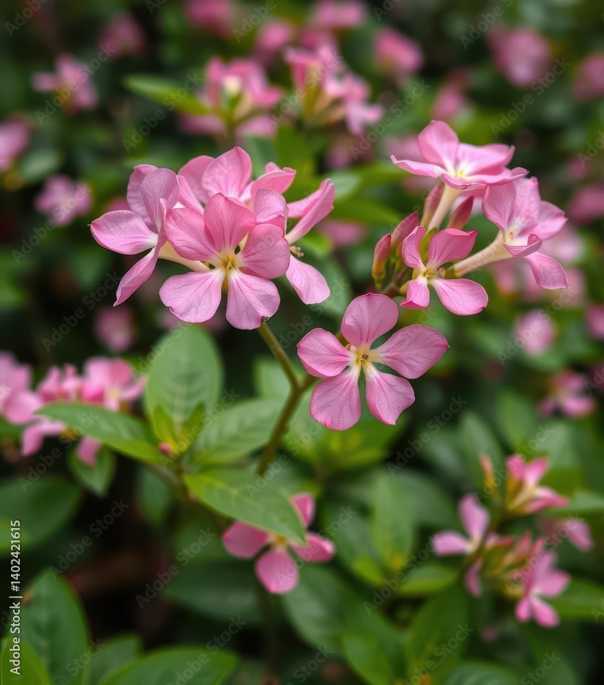 Pink Adenium obesum blossoms in sharp focus, lush green foliage blurred background, pink, leaves, pink flowers Pink Adenium obesum blossoms in sharp focus, lush green foliage blurred background, pink, leaves, pink flowers