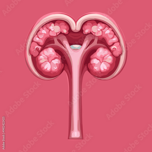 Detailed Anatomy Illustration of a Human Kidney on Pink Background