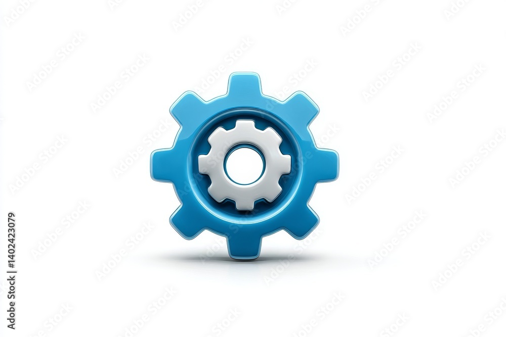 Blue gear icon with 3D mechanical wheels on white background representing technology and teamwork. Blue gear icon with 3D mechanical wheels on white background representing technology and teamwork.