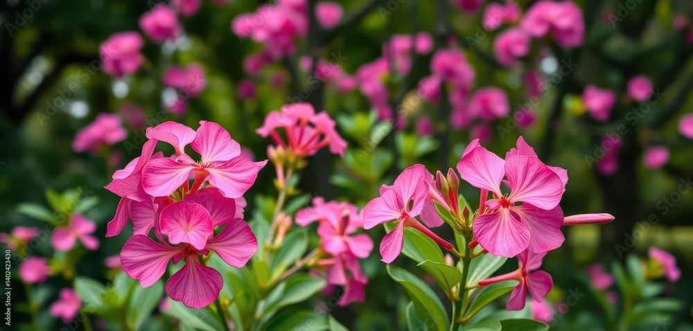 Fototapeta premium Vibrant pink Adenium obesum blooms in sharp focus, lush green foliage and flowering trees softly blurred in background, summer, flowers, macro
