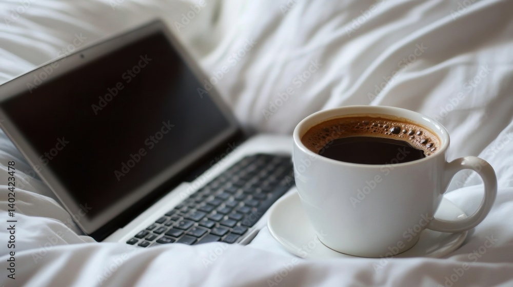 A Cozy Workspace Setup with Laptop on Bed and Cup of Coffee for Creative Minds A Cozy Workspace Setup with Laptop on Bed and Cup of Coffee for Creative Minds