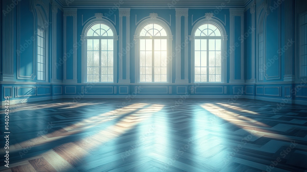 Sunlit grand ballroom with blue walls, arched windows, and herringbone floors. Sunlit grand ballroom with blue walls, arched windows, and herringbone floors.