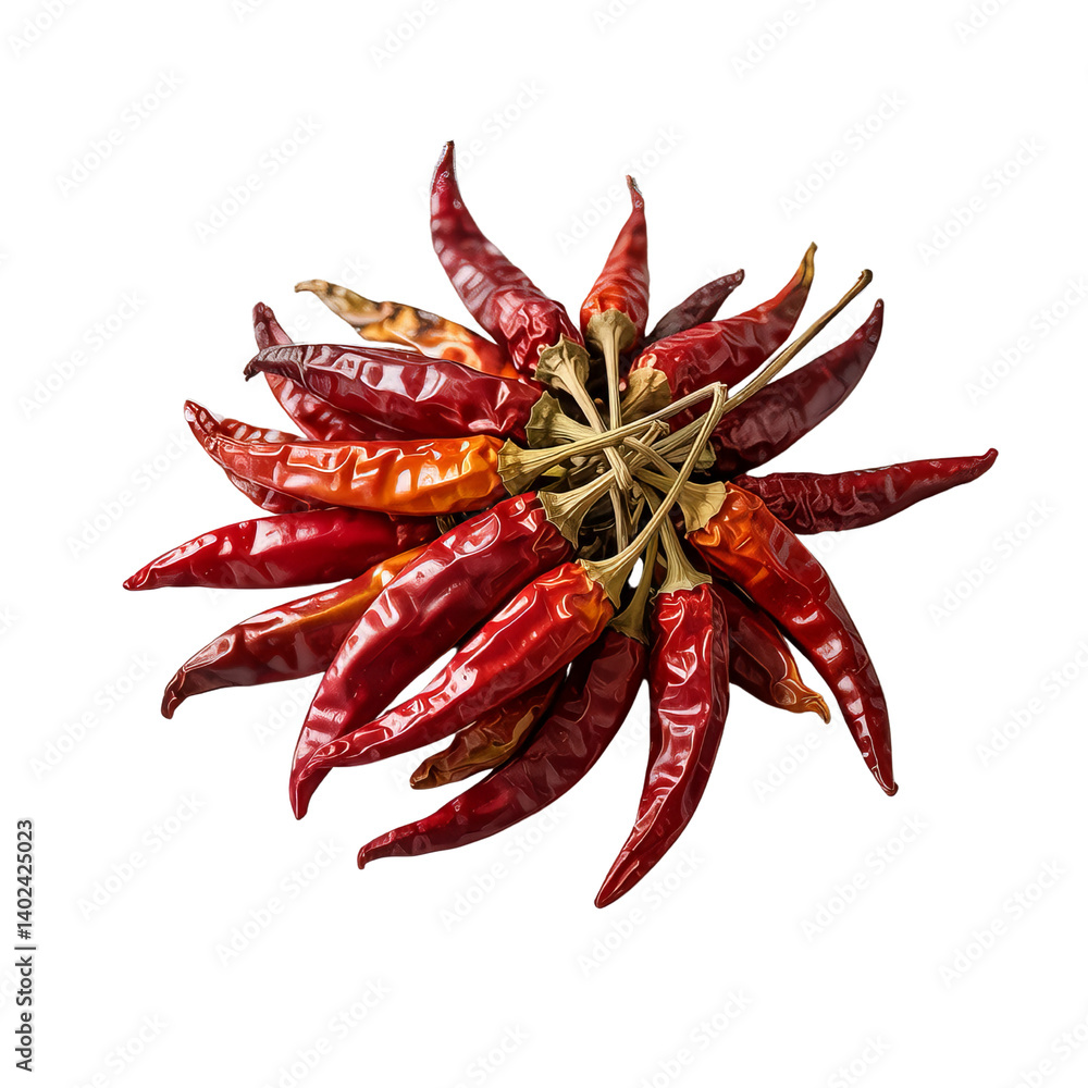 Dried red chili peppers arranged in a vibrant starburst pattern Dried red chili peppers arranged in a vibrant starburst pattern