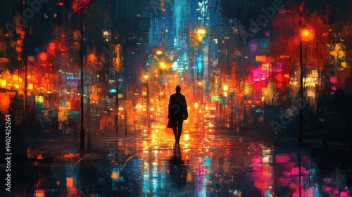 A lone figure walking under the bright city lights, the streets surrounding them deserted