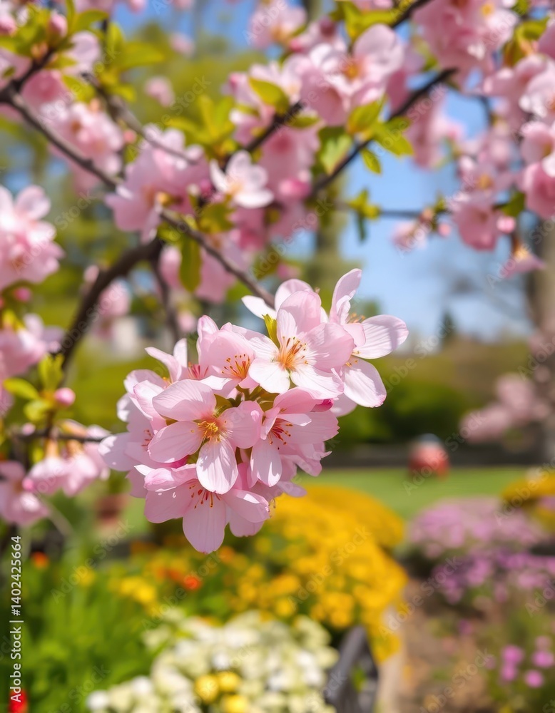 Delicate pink cherry blossoms gently floating on a sunny spring breeze in a vibrant garden, cherry, background Delicate pink cherry blossoms gently floating on a sunny spring breeze in a vibrant garden, cherry, background