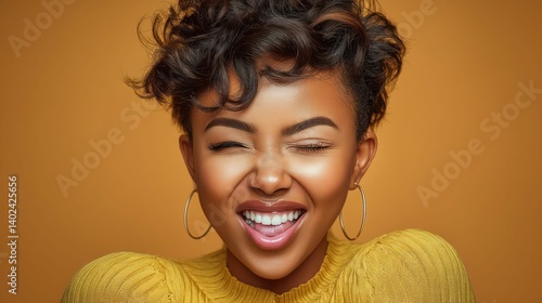 A vibrant portrait of a smiling woman with closed eyes, radiating joy and happiness, in a studio.