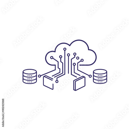 A minimalistic line art icon representing cloud computing and data exchange. The illustration shows a cloud connected to multiple devices and databases through digital circuits