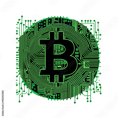 Green Bitcoin Cryptocurrency Symbol on Circuit Board Background