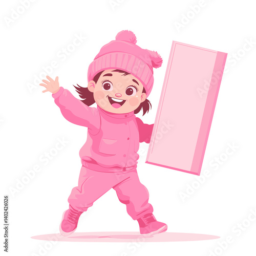Happy Girl in Pink Winter Outfit Holding a Pink Sign