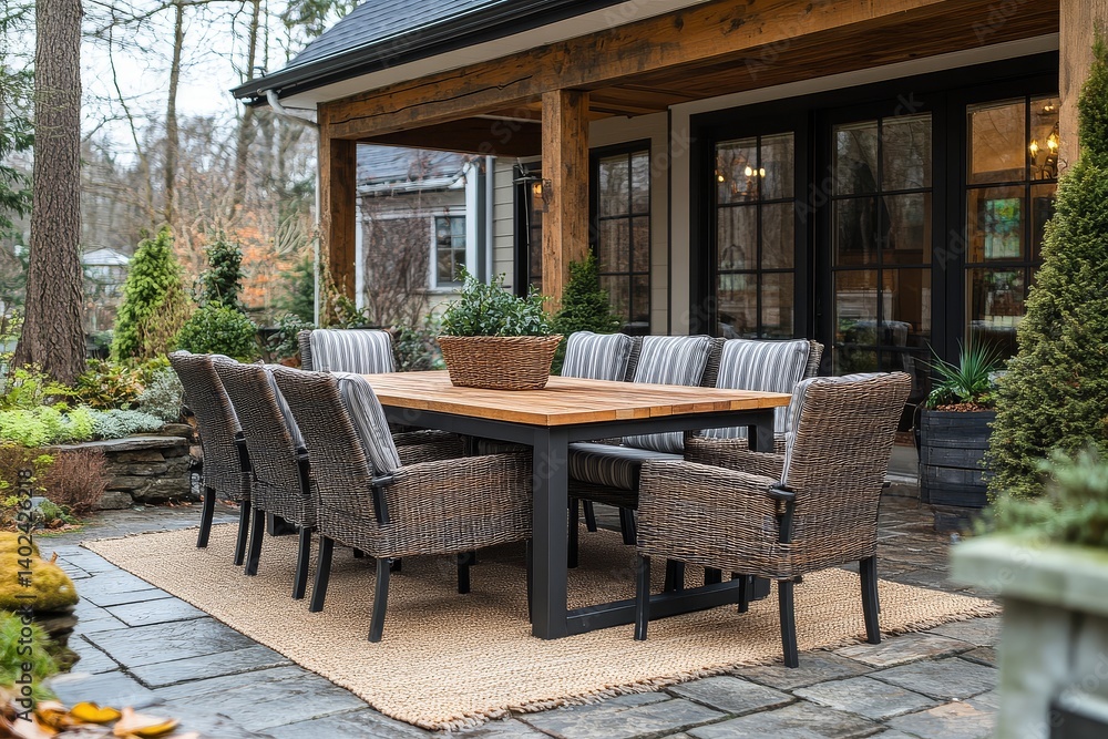 Obraz premium Outdoor dining set with rectangular wooden table, black frame, striped gray cushions on two chairs, matching dark brown armchairs with beige cushions, and a three-seater patio rug for garden or backy