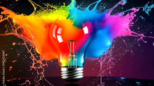 A vibrant splash of colorful paint bursting around a light bulb against a dark backdrop