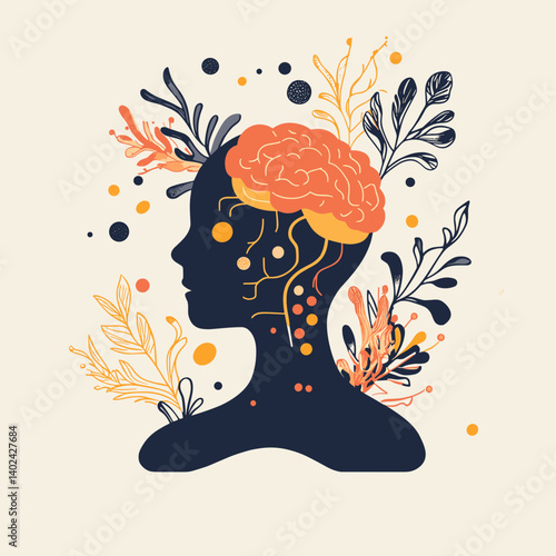 Silhouette of a Head with a Floral Brain Illustration