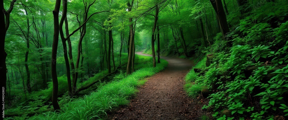 Obraz premium Misty forest path winds uphill through lush, green foliage, environment, foliage, mystery