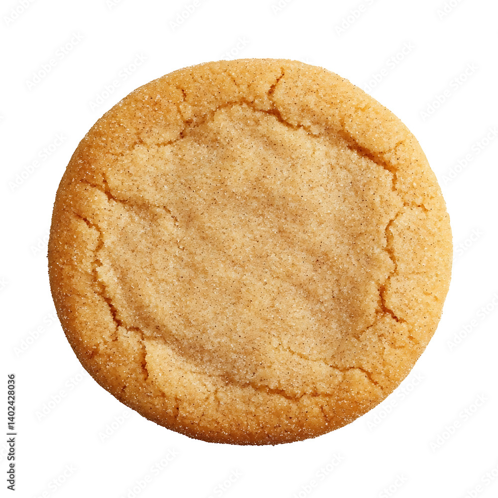 A freshly baked snickerdoodle cookie with golden brown surface, cracked cinnamon sugar crust, and slightly domed top A freshly baked snickerdoodle cookie with golden brown surface, cracked cinnamon sugar crust, and slightly domed top