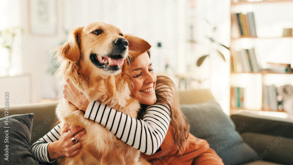 © FrameFlex/peopleimages.com - Hug, love or happy woman on sofa with dog, support or companion in house with care or affection. Animal adoption, smile or person in apartment with golden retriever, best friend or pet for bonding
