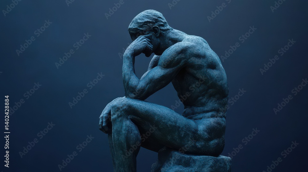 Fototapeta premium The Thinker sculpture, embodying the concept of philosophy. The representation inspires contemplation and intellectual exploration, signifying profound thought and introspection. Generative AI illust