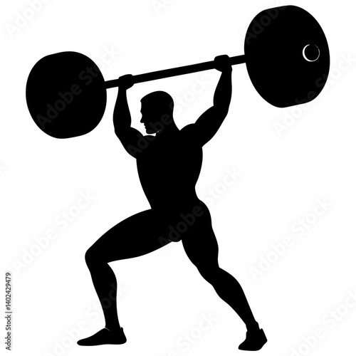 Silhouette vector of a weightlifter lifting a heavy barbell overhead – perfect for gym branding, fitness challenge posters, strength training content, sports merchandise, and powerlifting visuals

