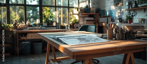 Wallpaper Mural Sunlit studio desk, design plans, art supplies Torontodigital.ca