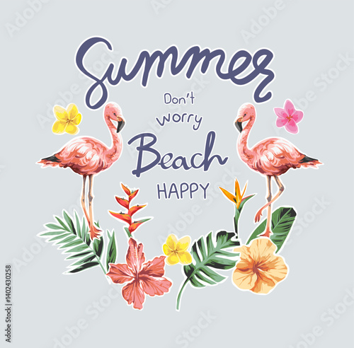 summer beach calligraphy slogan with flaming and colorful exotic flowers vector illustration created by hand drawn