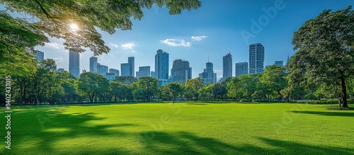 City park green lawn, skyline view