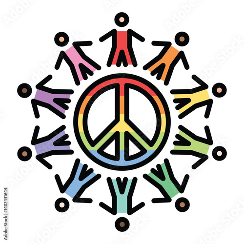 Peace and unity icon, featuring a rainbow-colored peace sign surrounded by multicolor human figures holding hands. Symbolizes global unity, diversity, equality, harmony, anti-war movements, and LGBTQ+