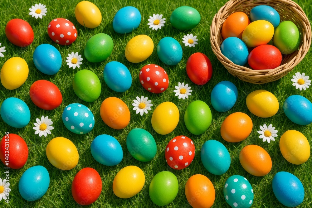 Obraz premium Colorful Easter eggs on green grass with cheerful daisies and a woven basket, creating a vibrant and festive spring celebration atmosphere