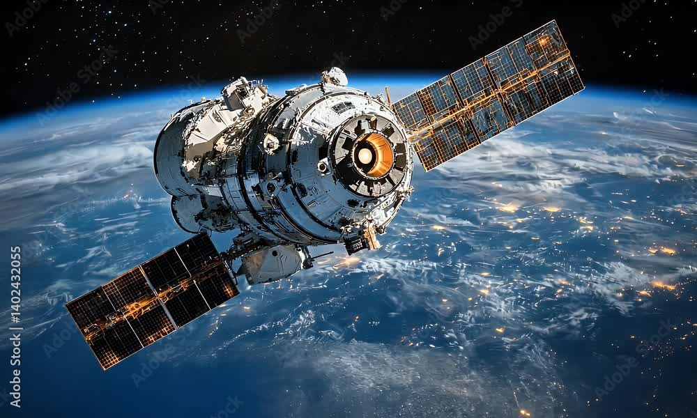 High-Tech Satellite Orbiting Earth with City Lights Visible at Night in a Starry Space Background High-Tech Satellite Orbiting Earth with City Lights Visible at Night in a Starry Space Background