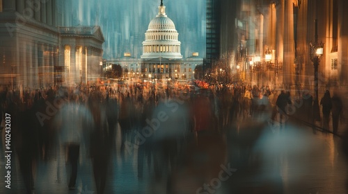 A bustling street scene at dusk with people moving past the U.S. Capitol, creating a lively atmosphere in the heart of the city.