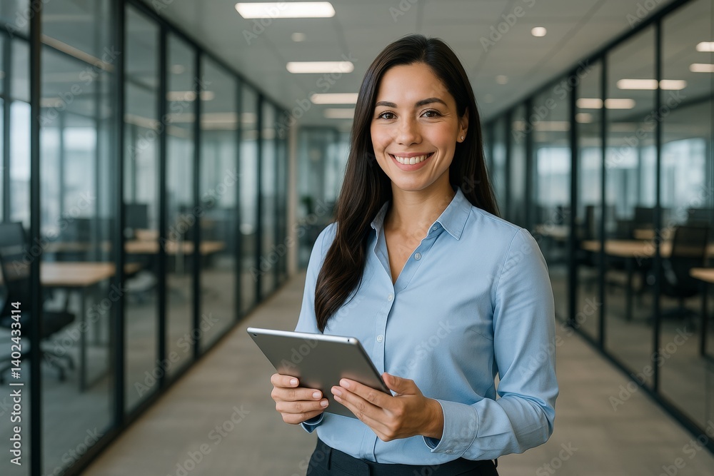 Confident businesswoman holding a tablet in a modern office setting, smiling and ready for the days challenges Confident businesswoman holding a tablet in a modern office setting, smiling and ready for the days challenges