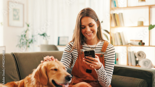 Photography Phone, relax and woman on sofa with dog for bonding, reading or social media scroll at home on day off
