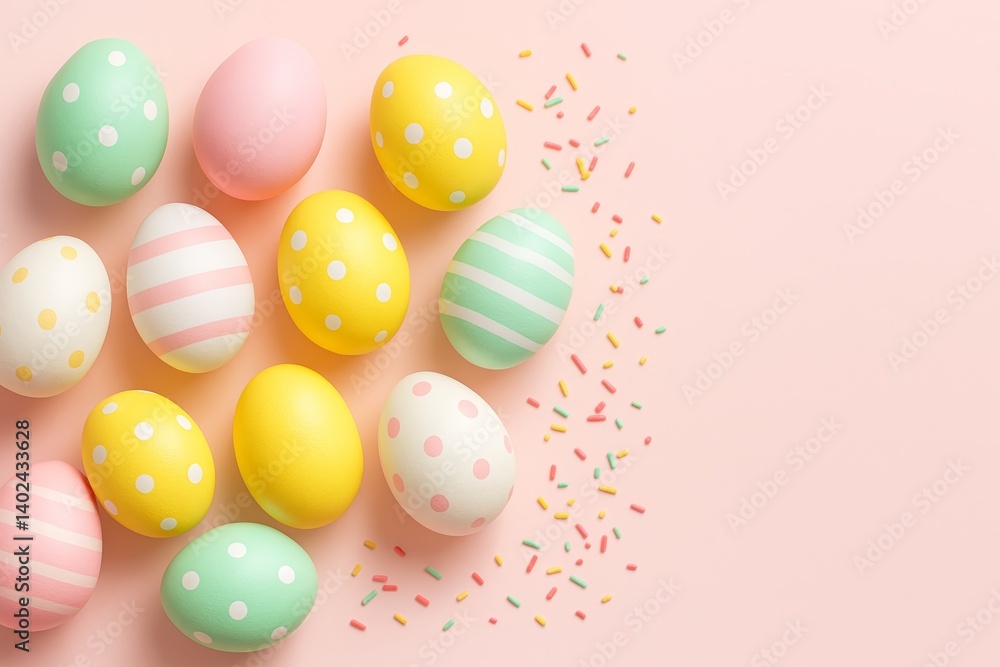 Colorful Easter Eggs with Sprinkles on a Soft Pink Background, Perfect for Spring Celebrations and Holiday Decorations Colorful Easter Eggs with Sprinkles on a Soft Pink Background, Perfect for Spring Celebrations and Holiday Decorations