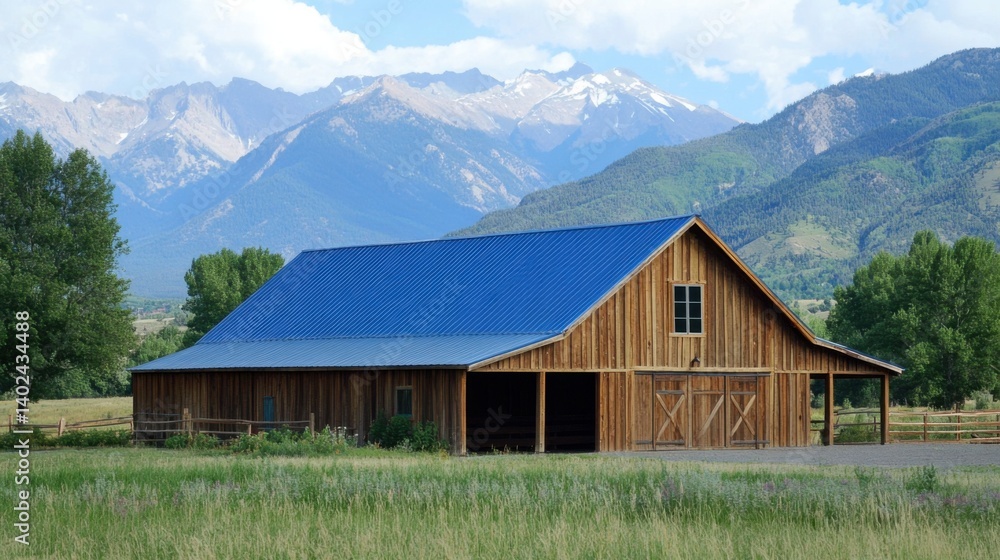 Beautiful Rustic Wooden Barn with a Distinctive Blue Roof Surrounded by Nature Suitable for Various Creative Projects Beautiful Rustic Wooden Barn with a Distinctive Blue Roof Surrounded by Nature Suitable for Various Creative Projects