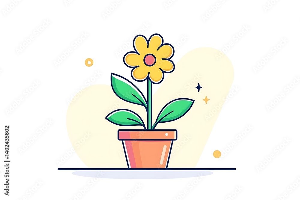 Cartoon Yellow Flower in Pot with Green Leaves Outline on White Cartoon Yellow Flower in Pot with Green Leaves Outline on White