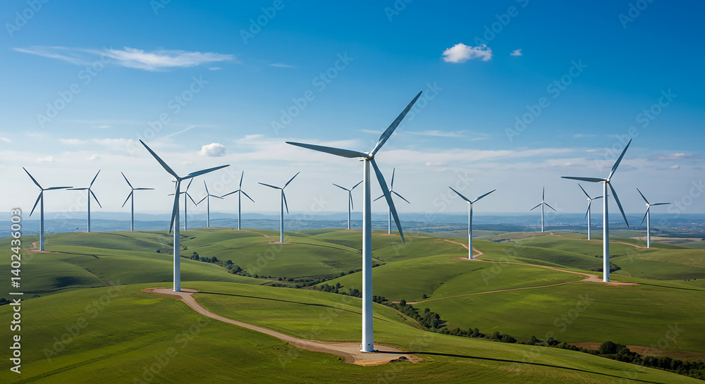 Aerial View of Wind Turbines on Rolling Green Hills Under Blue Sky Aerial View of Wind Turbines on Rolling Green Hills Under Blue Sky