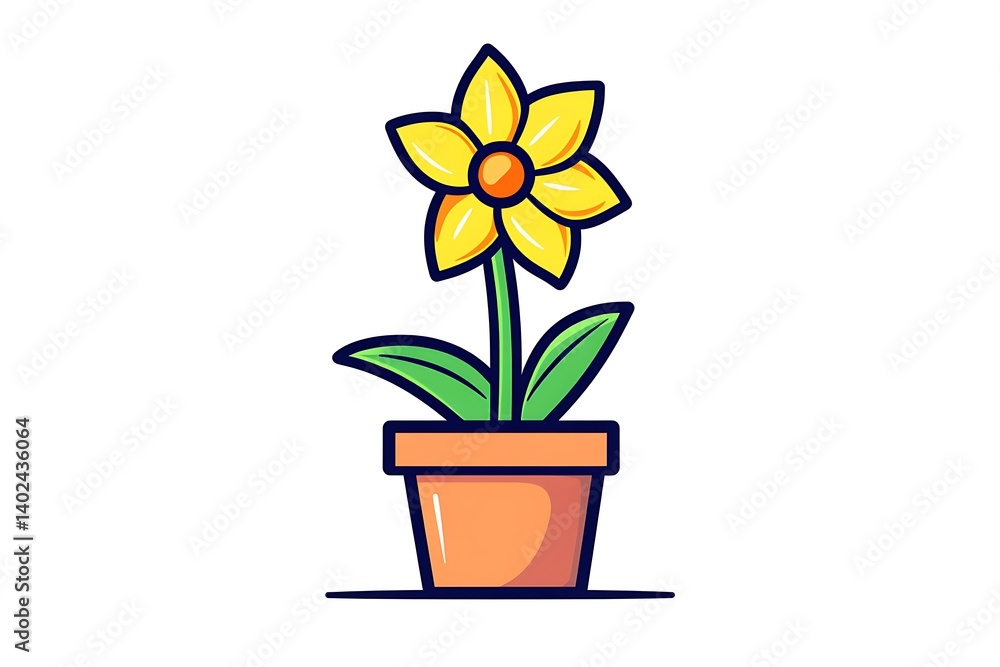 Yellow Blooming Flower with Green Stem & Leaves in Pot on White Background Yellow Blooming Flower with Green Stem & Leaves in Pot on White Background