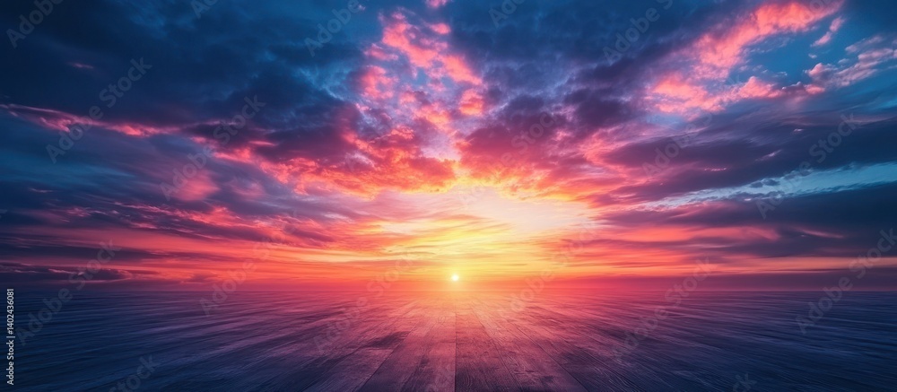 Fototapeta premium Vibrant sunset over ocean, wooden path