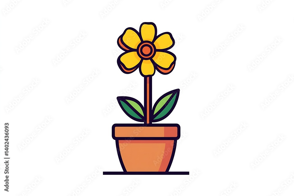 Potted Yellow Flower with Green Leaves and Orange Pot Outline Style