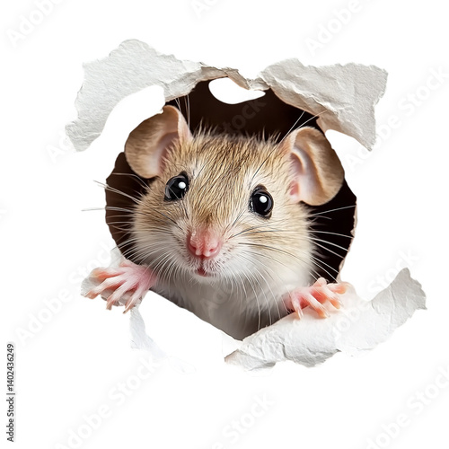 Cute mouse peeking through hole adorable rodent animal curious small pet looking paper tear black background on transparent background