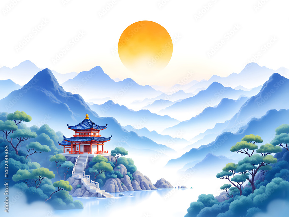 Obraz premium Chinese style ancient building building traditional national style ancient building national tide illustration background