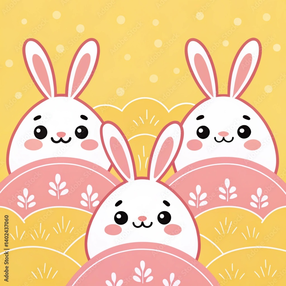 Cute Bunnies in Pastel World: A charming illustration of three adorable white bunnies with pink ears and sweet faces peeking from behind pink and yellow patterned hills. Cute Bunnies in Pastel World: A charming illustration of three adorable white bunnies with pink ears and sweet faces peeking from behind pink and yellow patterned hills.