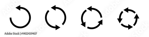 Circle arrow icon set. Symbol of reload, refresh, loading, recycle and repeat. Interconnecting round arrow vector icons set. Work in progress sign. One, two, three, four arrow in the loop.