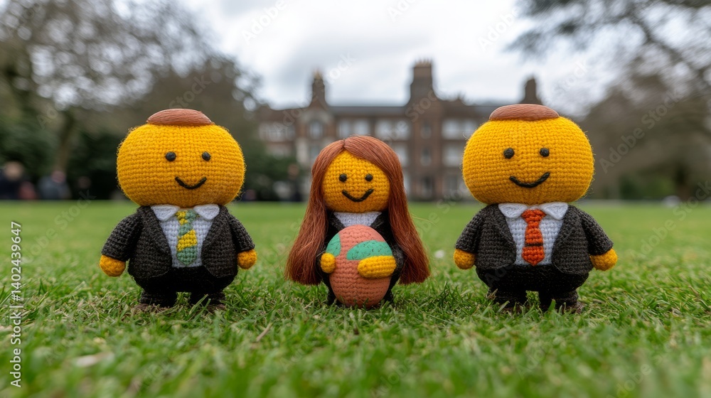 Obraz premium Three crochet figures in business suits on a grassy field.
