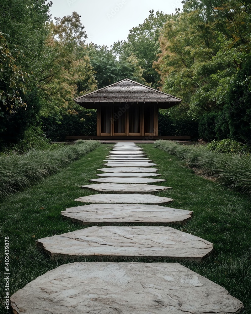 Serene path leading to a tranquil structure. Zen lifestyle balance slow living concept. Serene path leading to a tranquil structure. Zen lifestyle balance slow living concept.