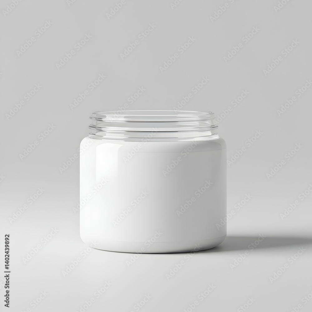 Transparent jar with cream and spill on surface Transparent jar with cream and spill on surface
